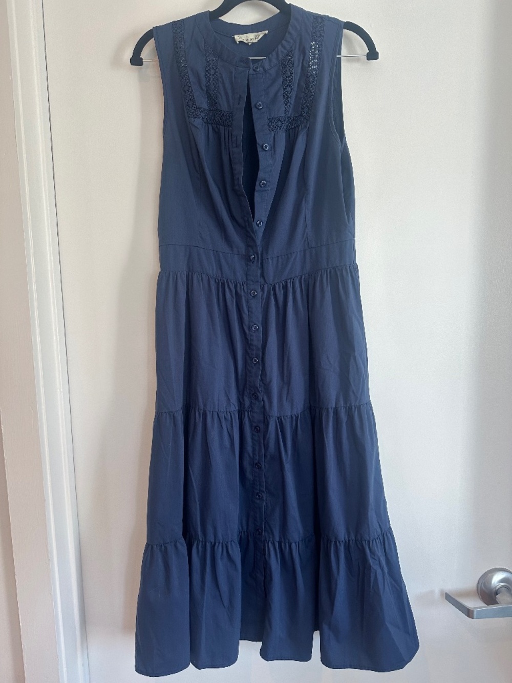 Indigo Rose Navy Boho Crochet Trim Tiered Maxi Dress M